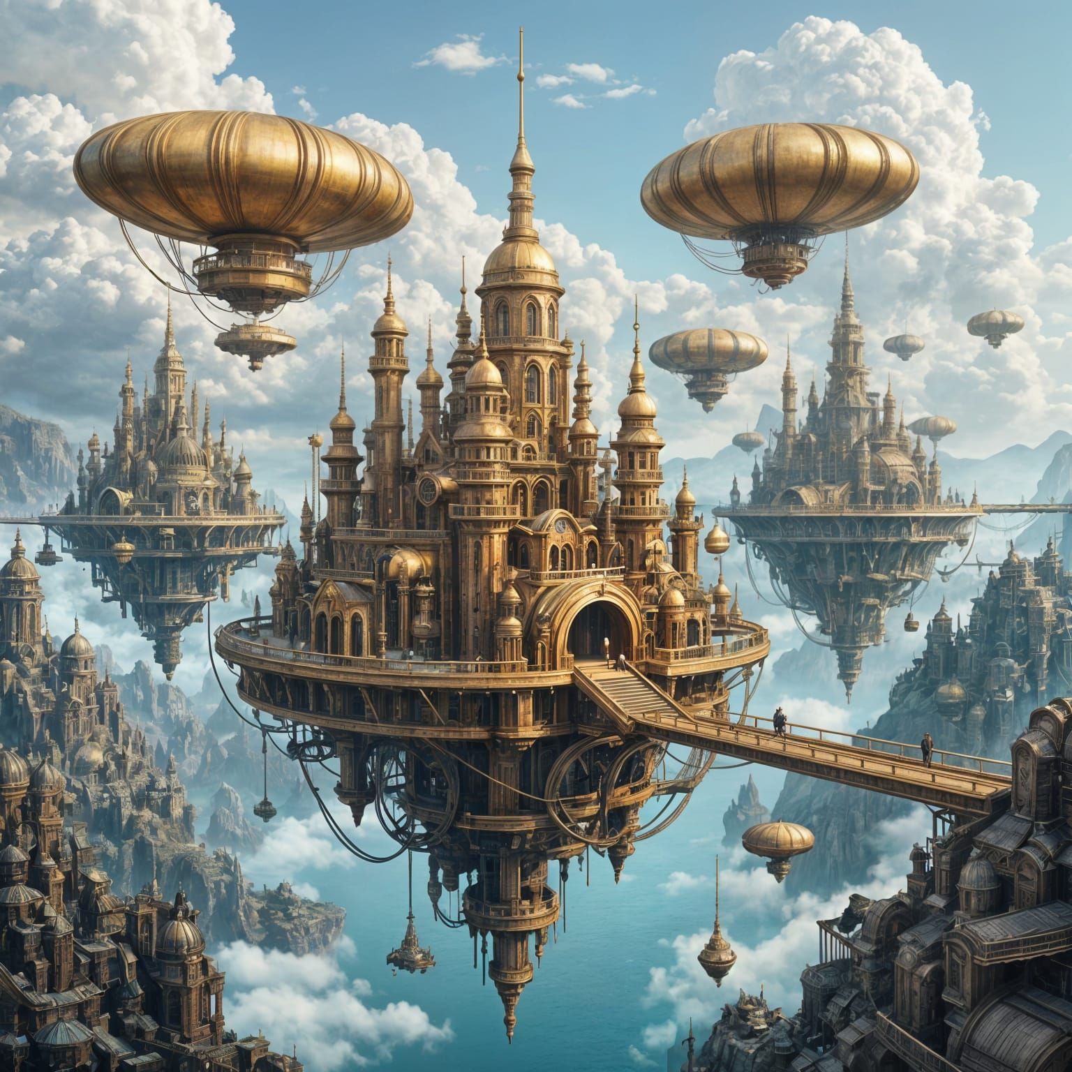 Steampunk Island Cities Connected by Bridges and Dirigibles