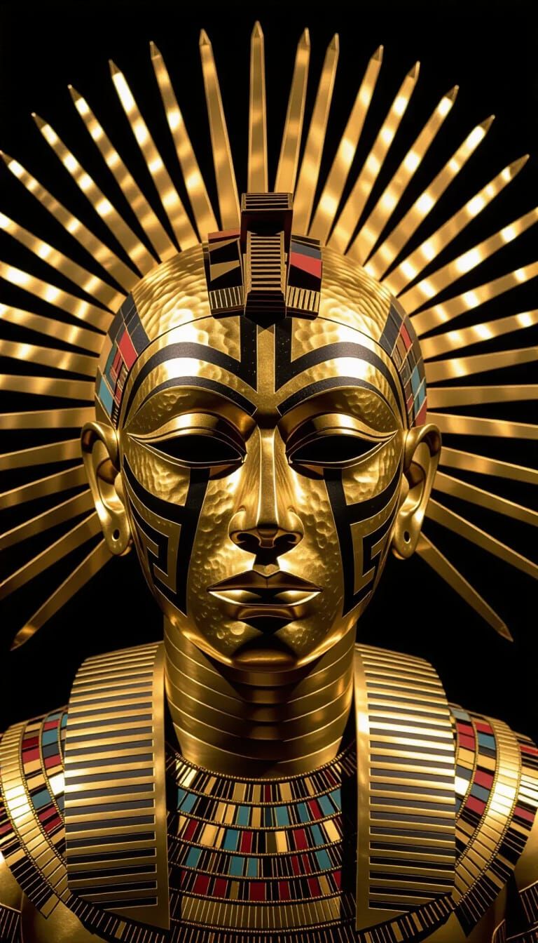 Gilded Ritual Mask with Geometric Marks and Sun Motifs