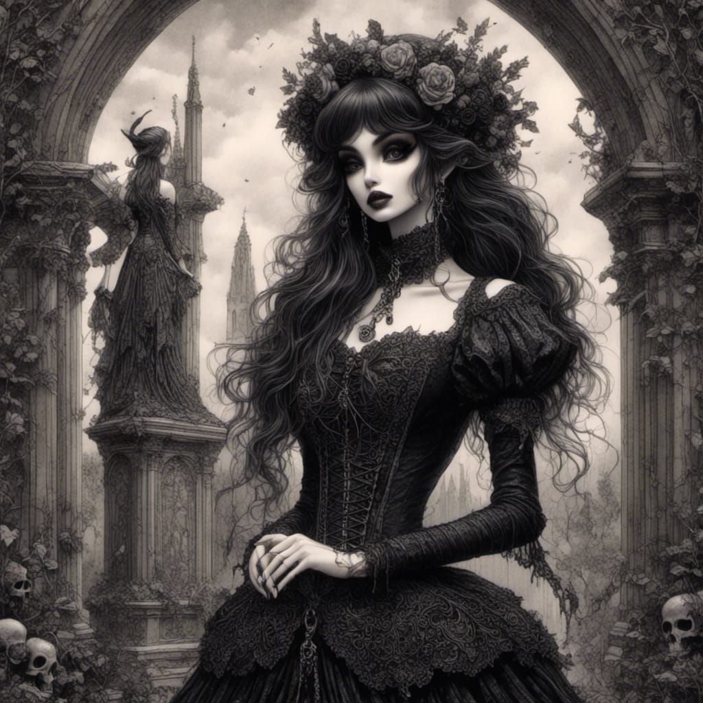 Mournful Goth Elf in Victorian Cemetery Illustration