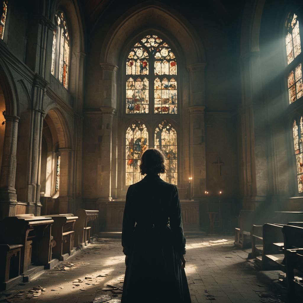 Eerie Woman in Abandoned Church: Cinematic Still