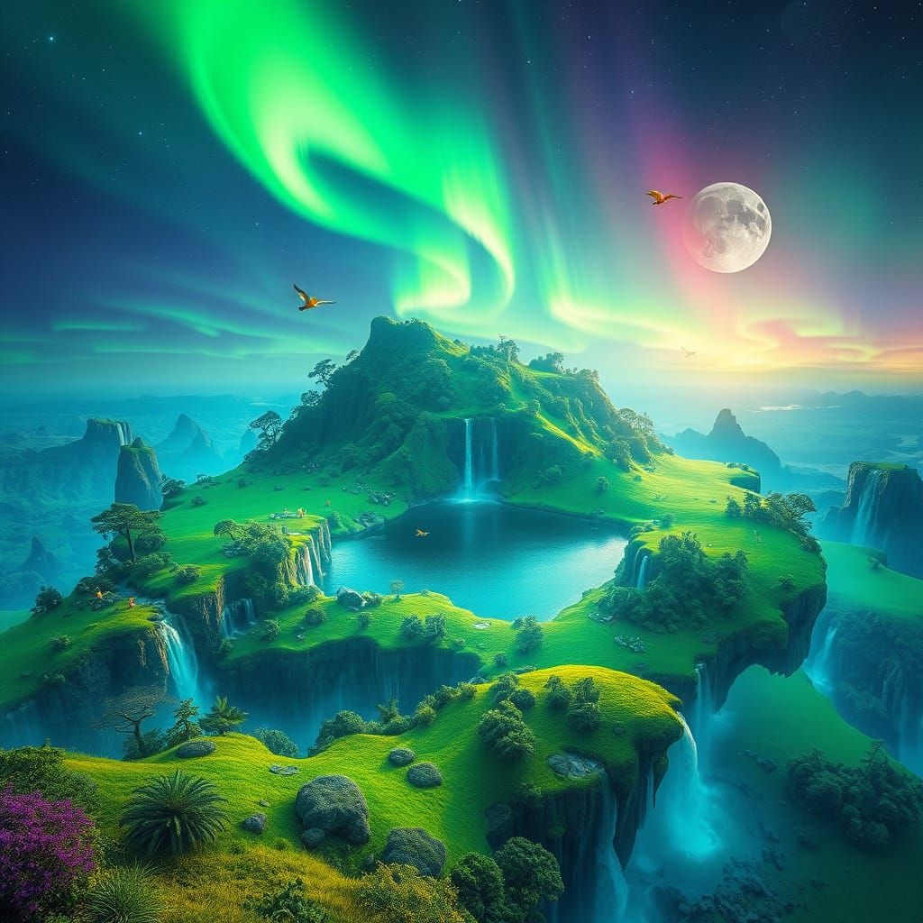 Bioluminescent Floating Islands with Waterfalls in Aurora Sk...