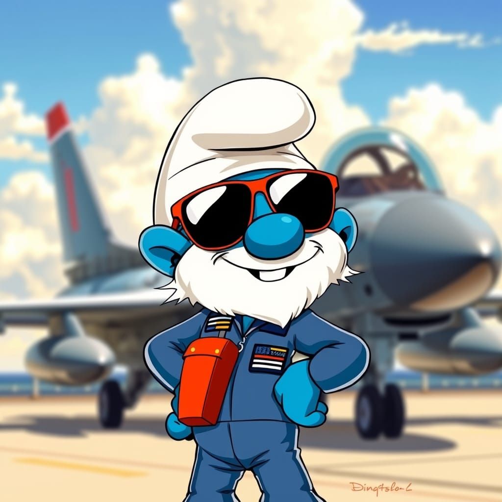 Smurf Maverick Pilot in Exaggerated Looney Tunes Style