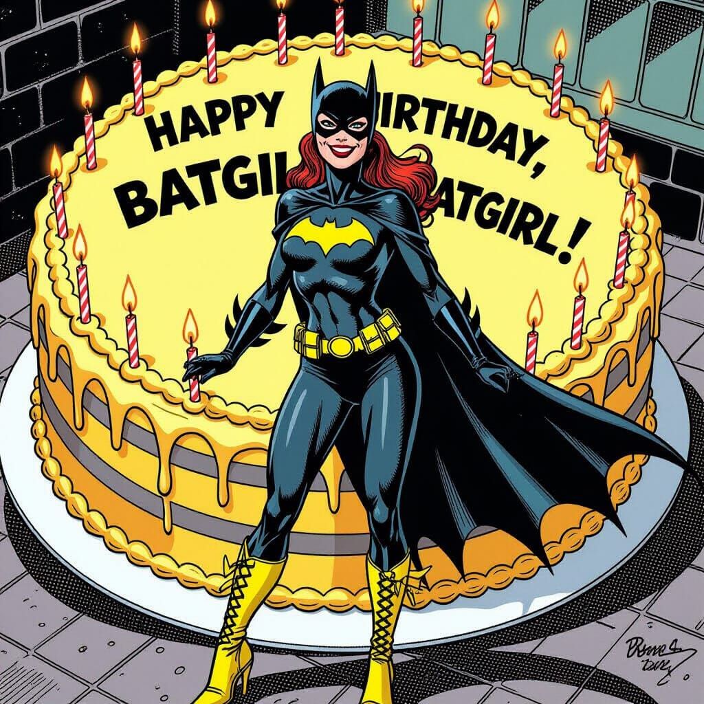 Batgirl Celebrates Birthday with Cake in Comic Art Style