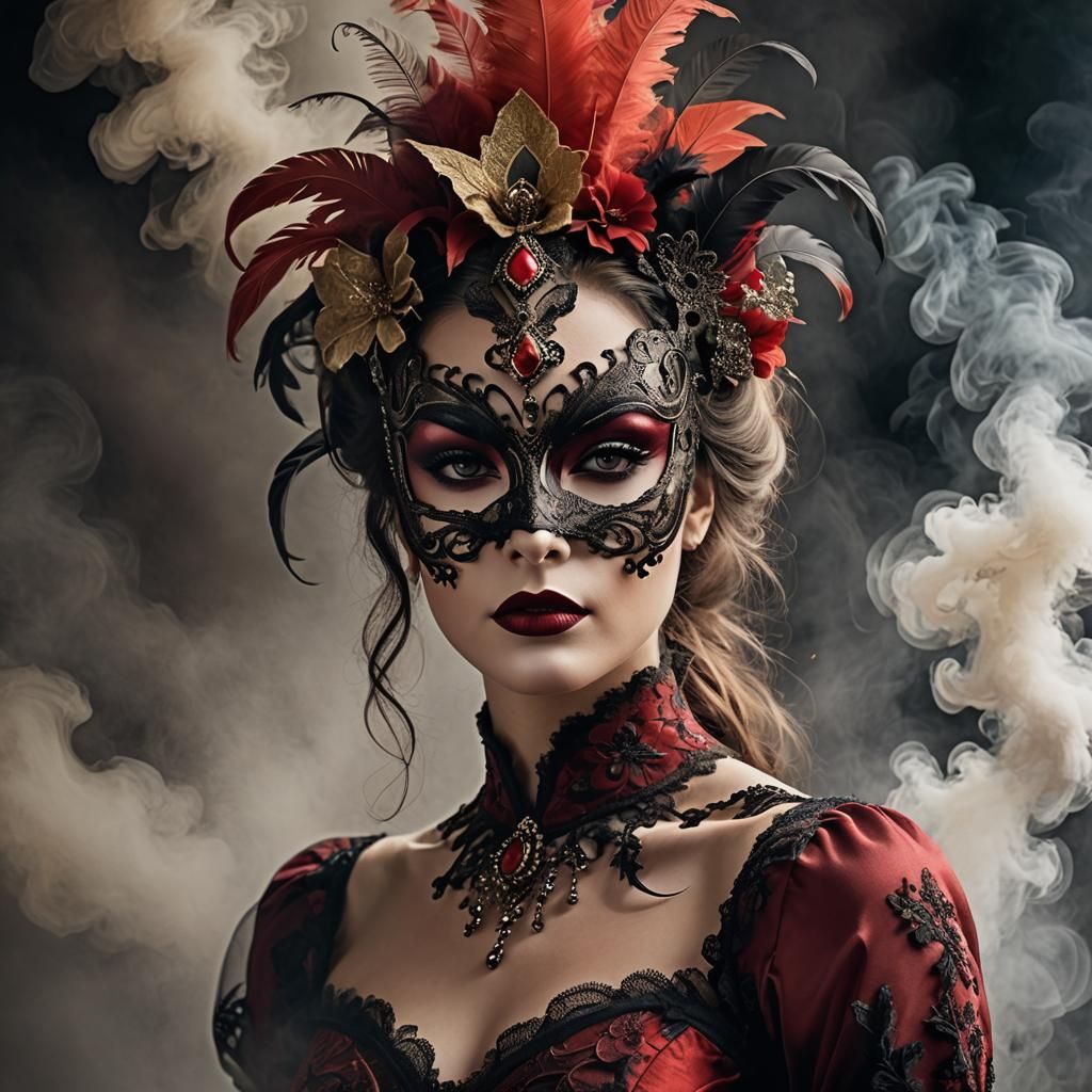 Mystical Woman in Venetian Mask, Watercolor Painting