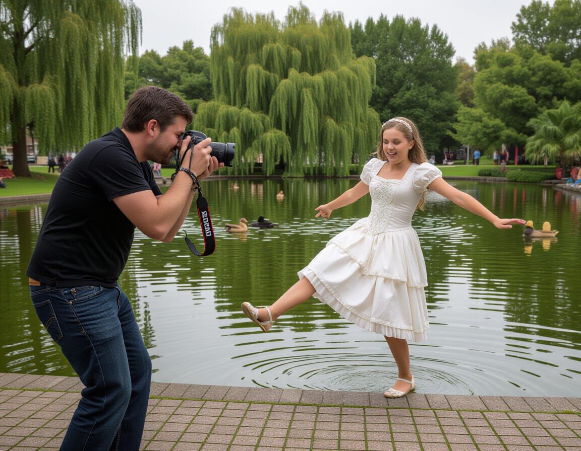 Girl Falling Into Duck Pond While Posing For Photo