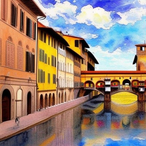 Florence Old Town Landscape in Gouache Style