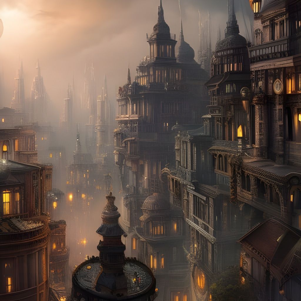 Moonlit Steampunk City in Digital Painting Style