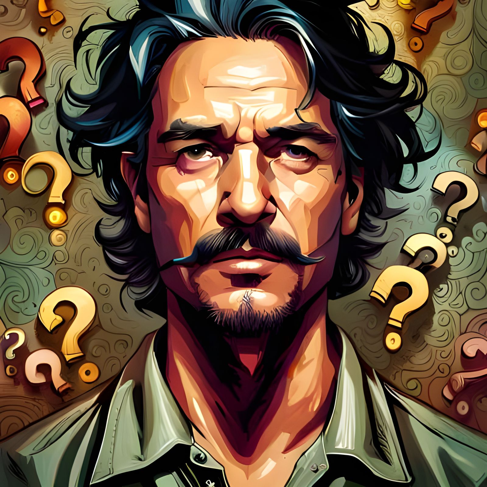 Mustached Man Portrait with Question Marks, Whimsical Art