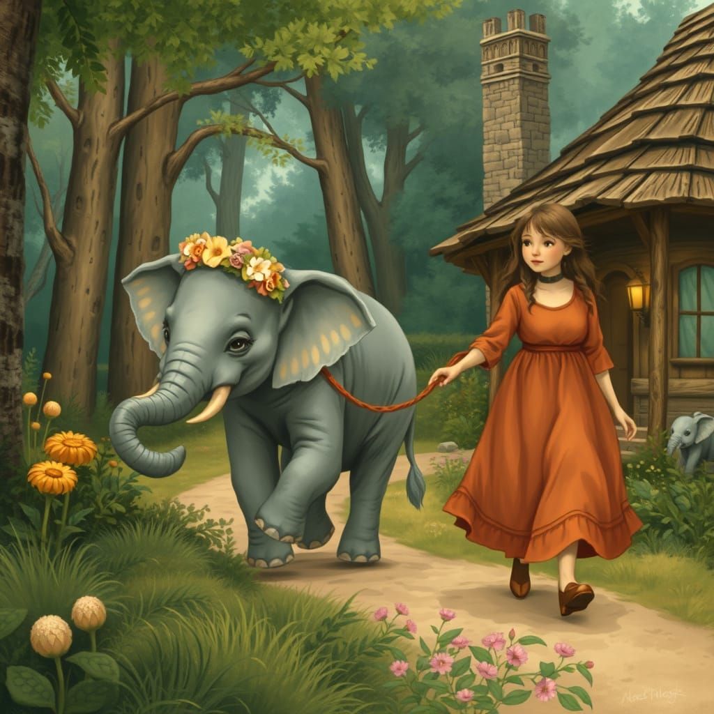 Elephant and Lady in Lush Forest