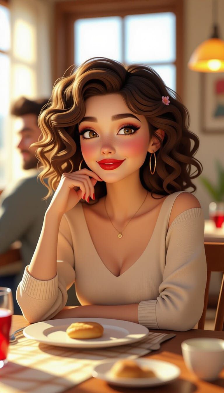 Young Woman with Curly Hair, Digital 3D Art