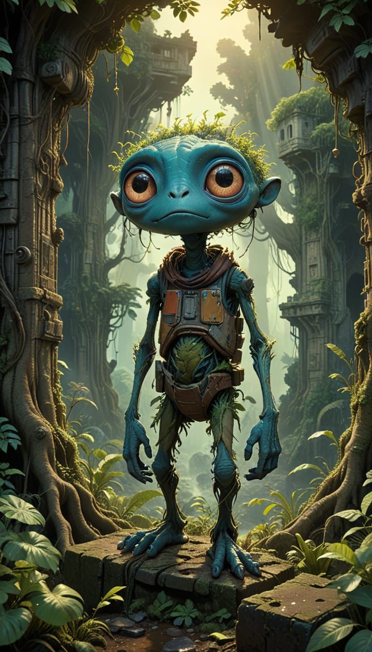 Whimsical Alien Lost in Vibrant Jungle Ruins in Studio Ghibl...