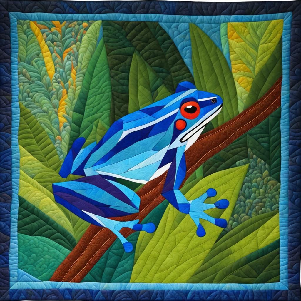 Blue Frog Patchwork Quilt in Rainforest