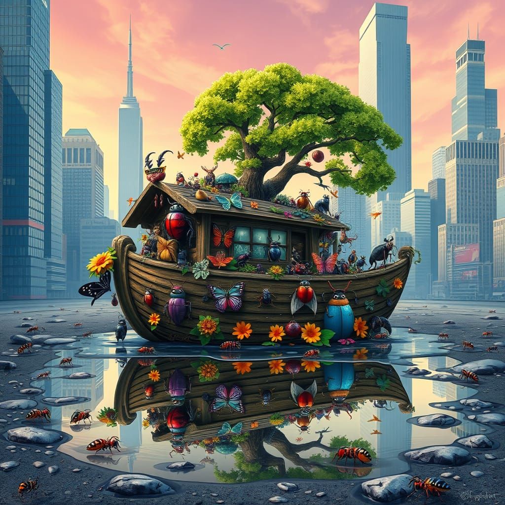 Vibrant Ark Sails Across a City Puddle in a Fantastical Aest...