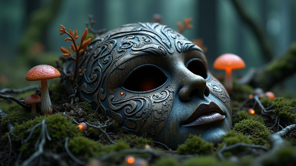 Ancient Wooden Mask with Ethereal Glow in Enchanted Forest