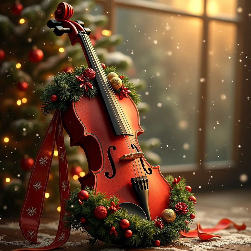 Christmas Violin with Garlands and Golden Ornaments