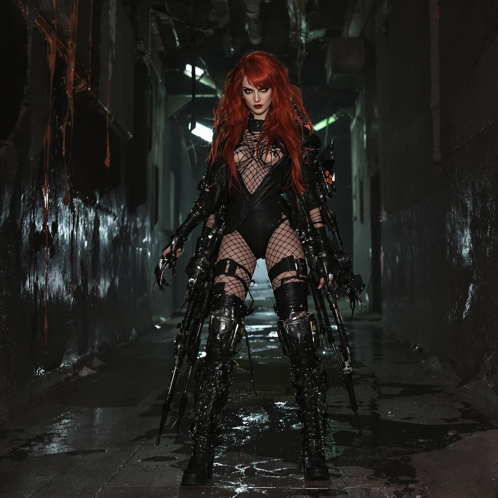 Red-Haired Cyborg in Decaying Alley in Cyberpunk Style