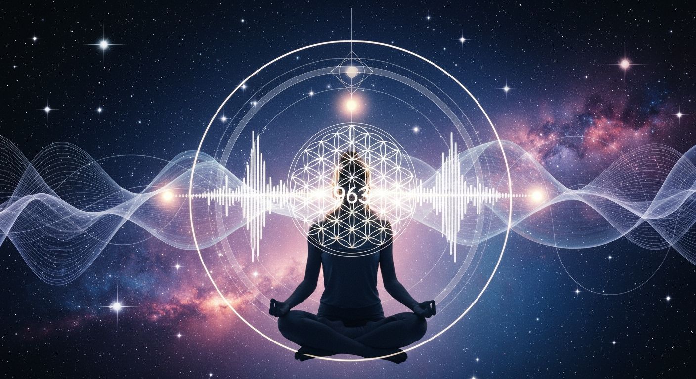 Meditative Woman in Cosmic Sacred Geometry Design