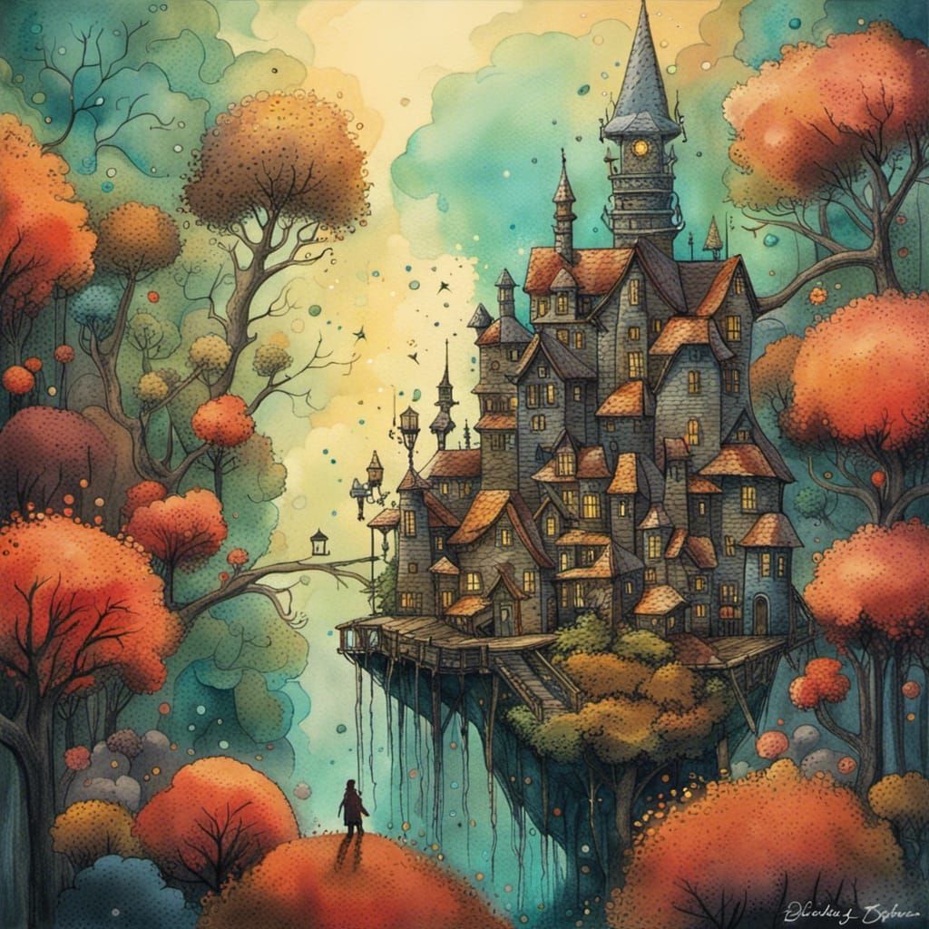 Magical City in Trees: Watercolor Anime Style