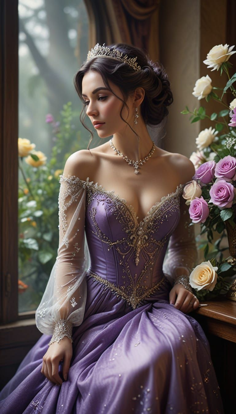A bride sits serenely, embodying elegance and grace. Her latex gown features a classic design with a fitted bodice that ...