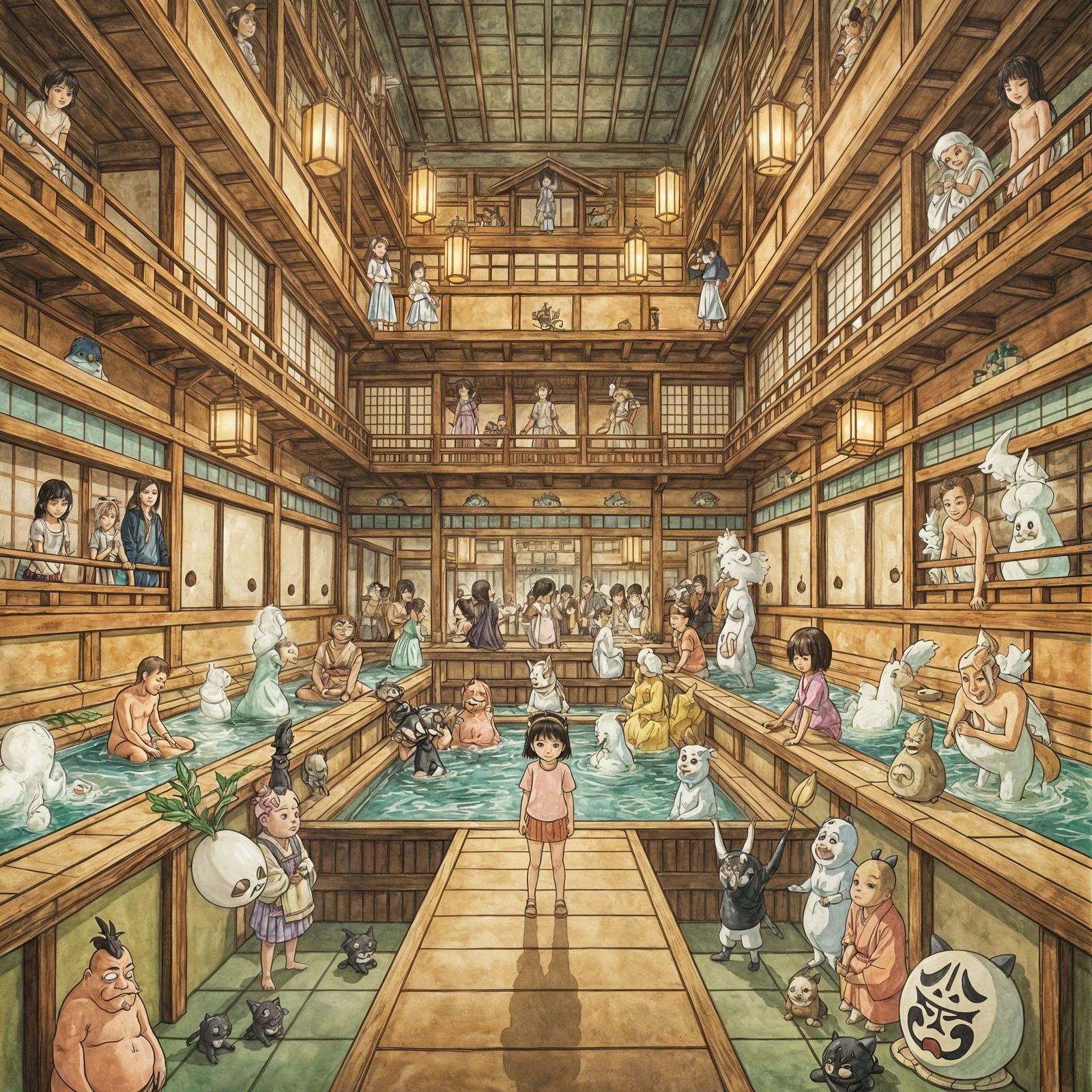 Chihiro in Yubaba's Bathhouse Studio Ghibli Watercolor Style
