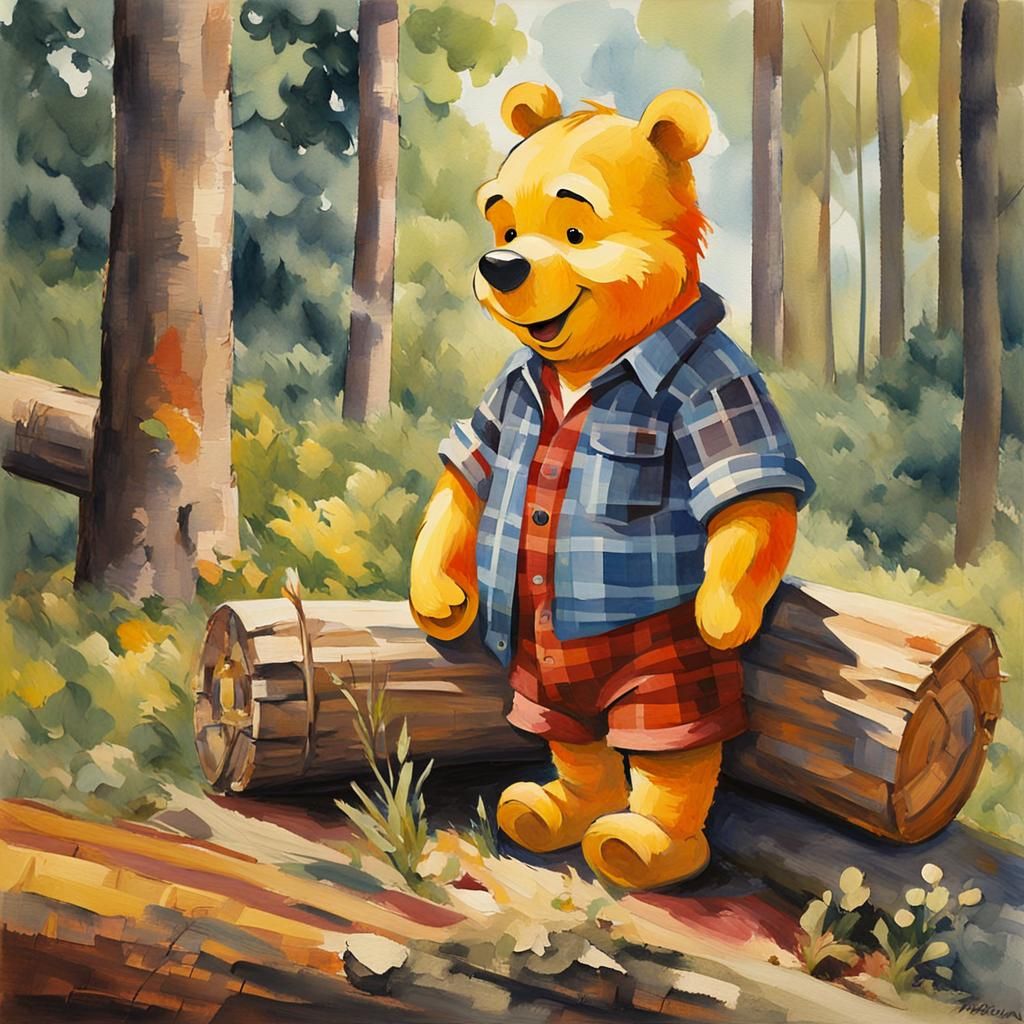 Winnie the Pooh as Woodcutter in Gouache Style