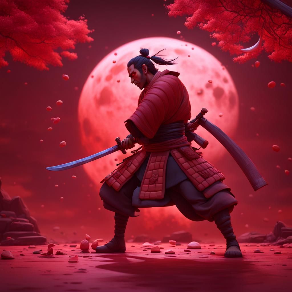 Samurai Duel Under Blood Moon: 3D Digital Art
