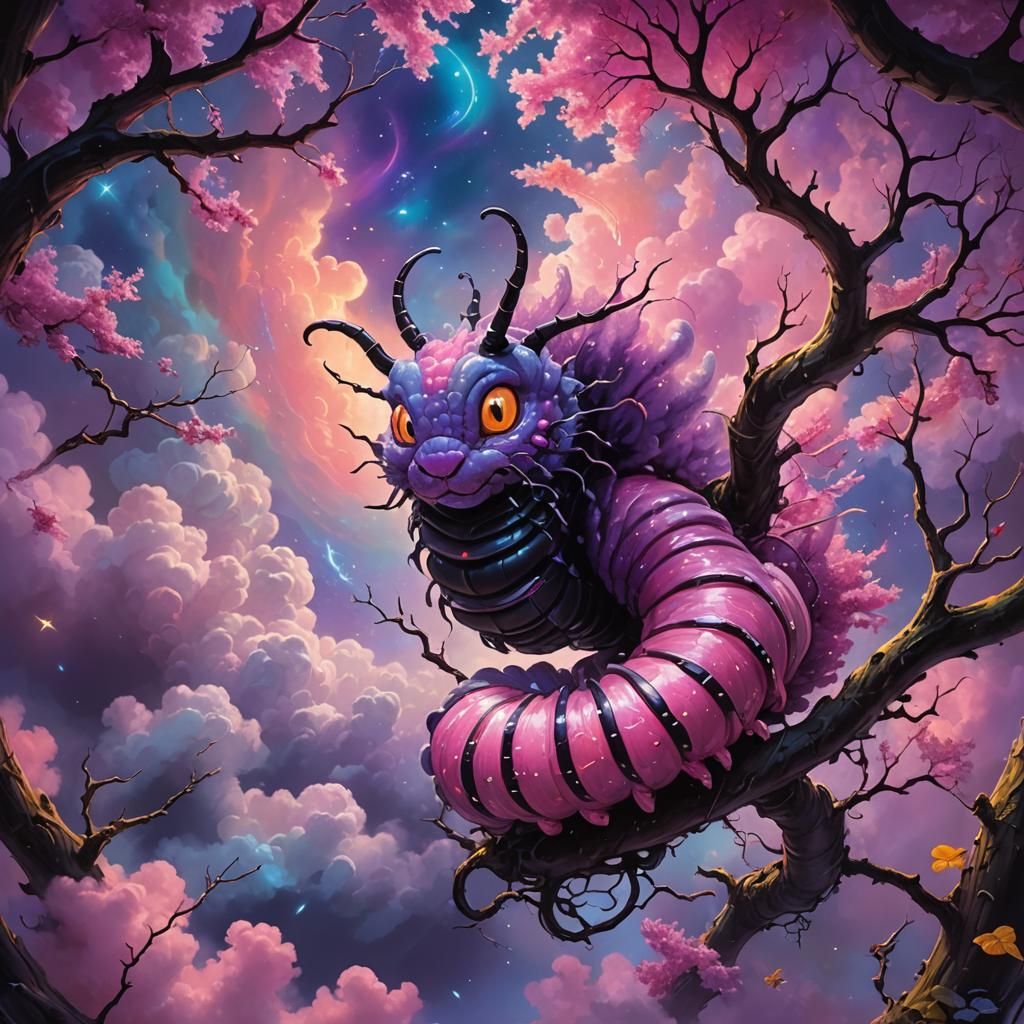 Pink Caterpillar Emerges from Cloud in Oil Painting Style