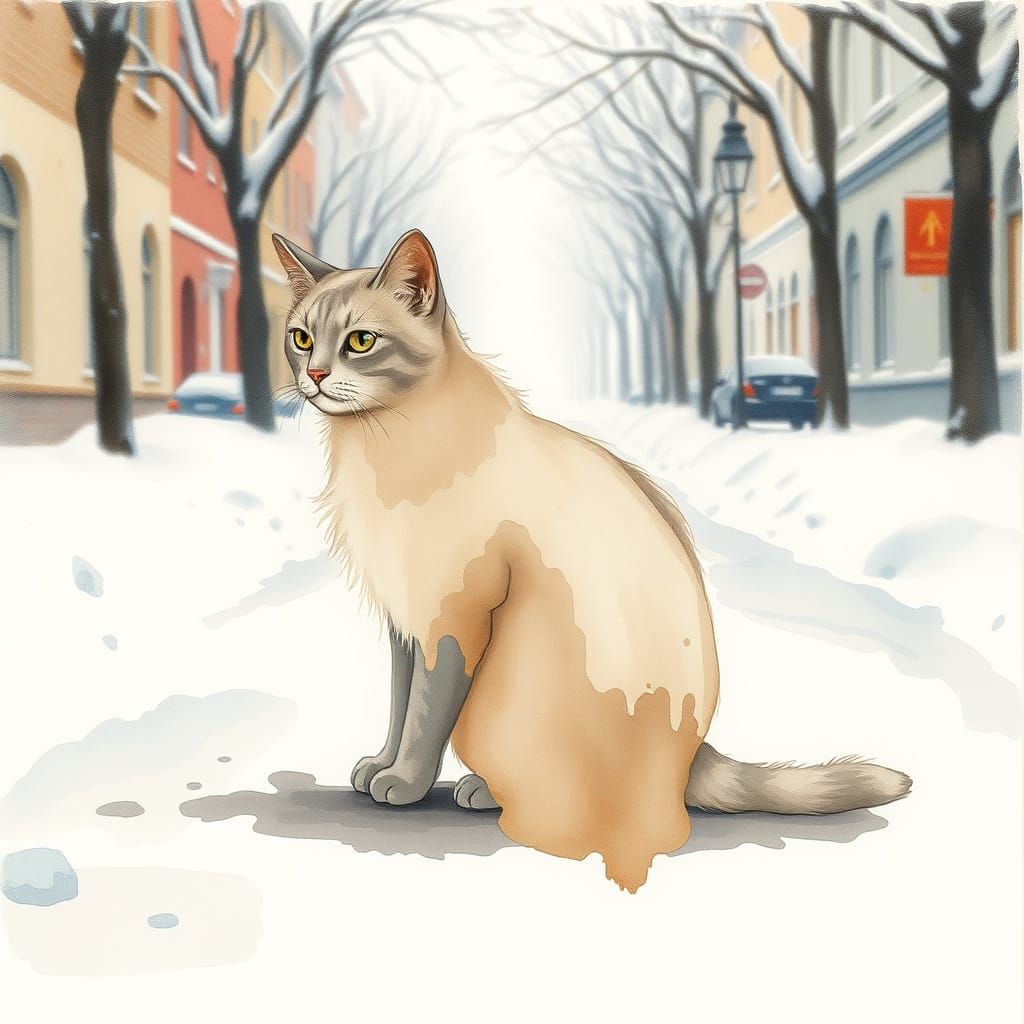 Watercolor Cat Silhouette on Snowy Street