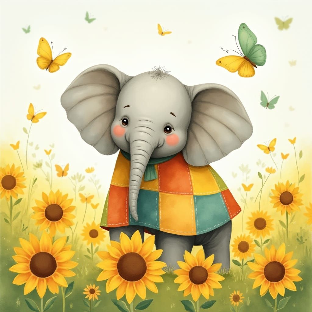 Elephant in Sunflower Field, Children's Book Illustration St...