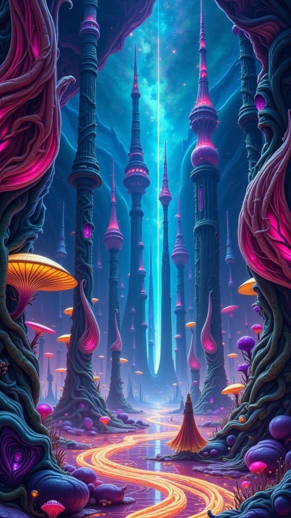 Surreal Cityscape with Crystalline Towers and Nebula Sky