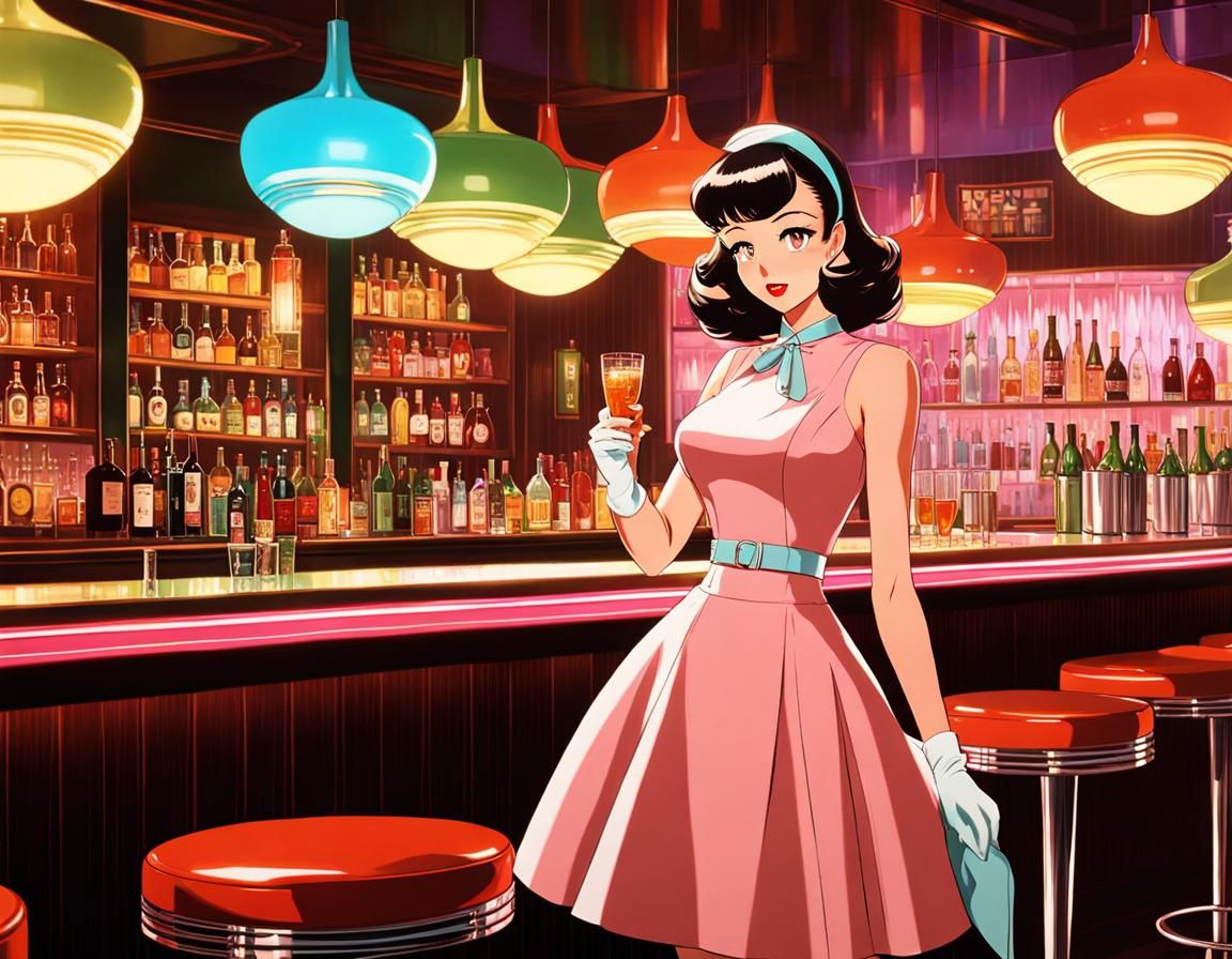 Anime Girl in Retrofuturistic 1950s Disco Bar