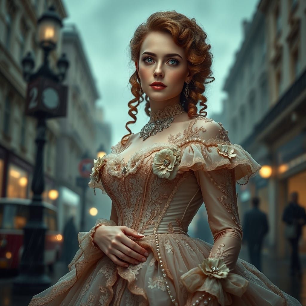 Elegant Victorian Countess Amidst Rainy London Storm