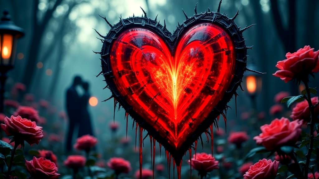 Gothic Valentine's Scene With Cursed Heart and Roses