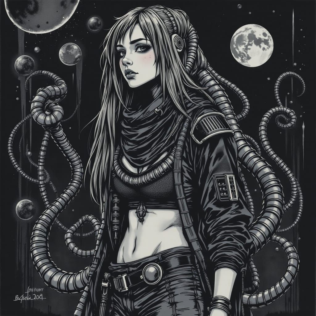 Cyborg Woman with Centipede Tattoos in Giger Style