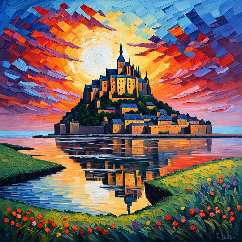 Mont Saint Michel Impasto Painting at Sunset