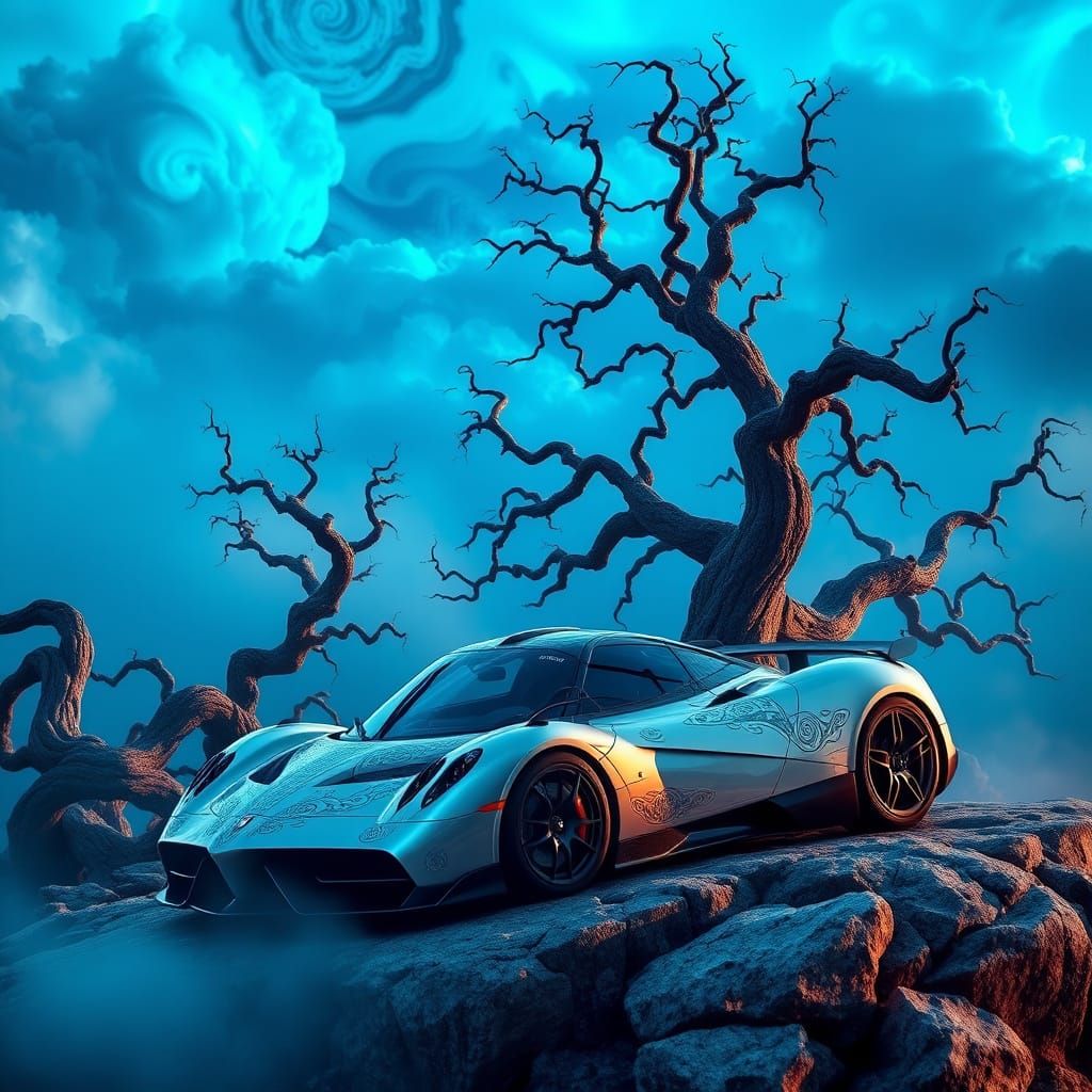 Ethereal Pagani Huayra Amidst Ancient Trees on a Misty Mount...