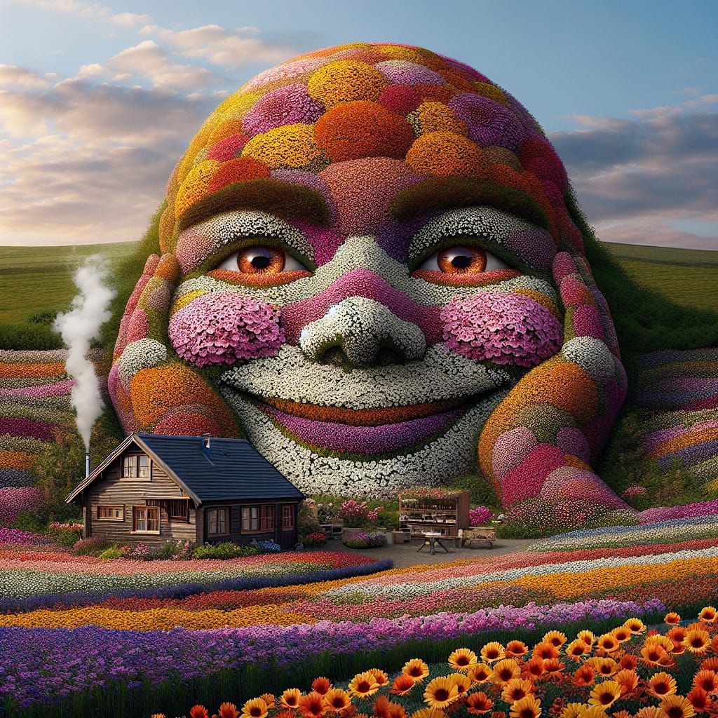 Surreal Cottage Blooms with Serene Flower Face