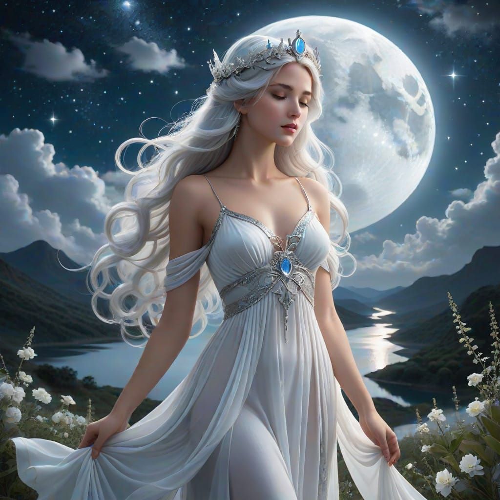 Goddess of the Moon in Serene Starry Night