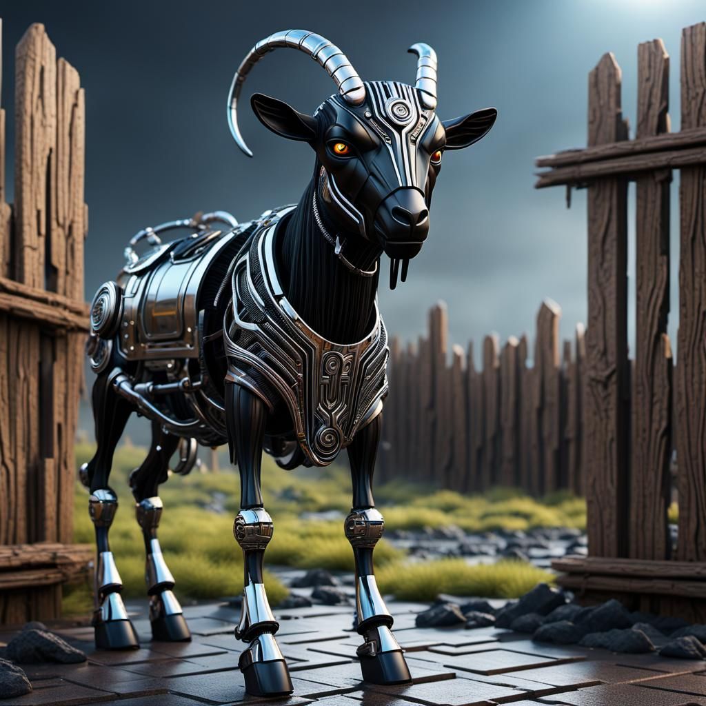 Cyborg Goat in Field: Futuristic Sci-Fi Art