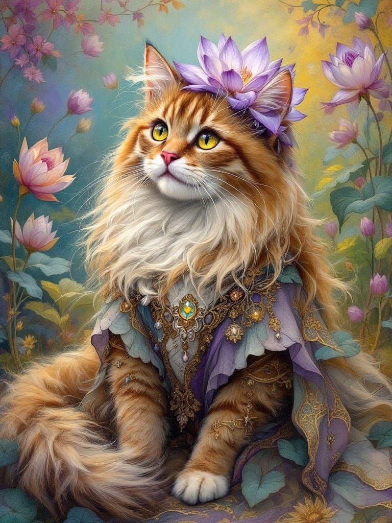 Whimsical Oil Painting of Long Haired Cat with Purple Lotus