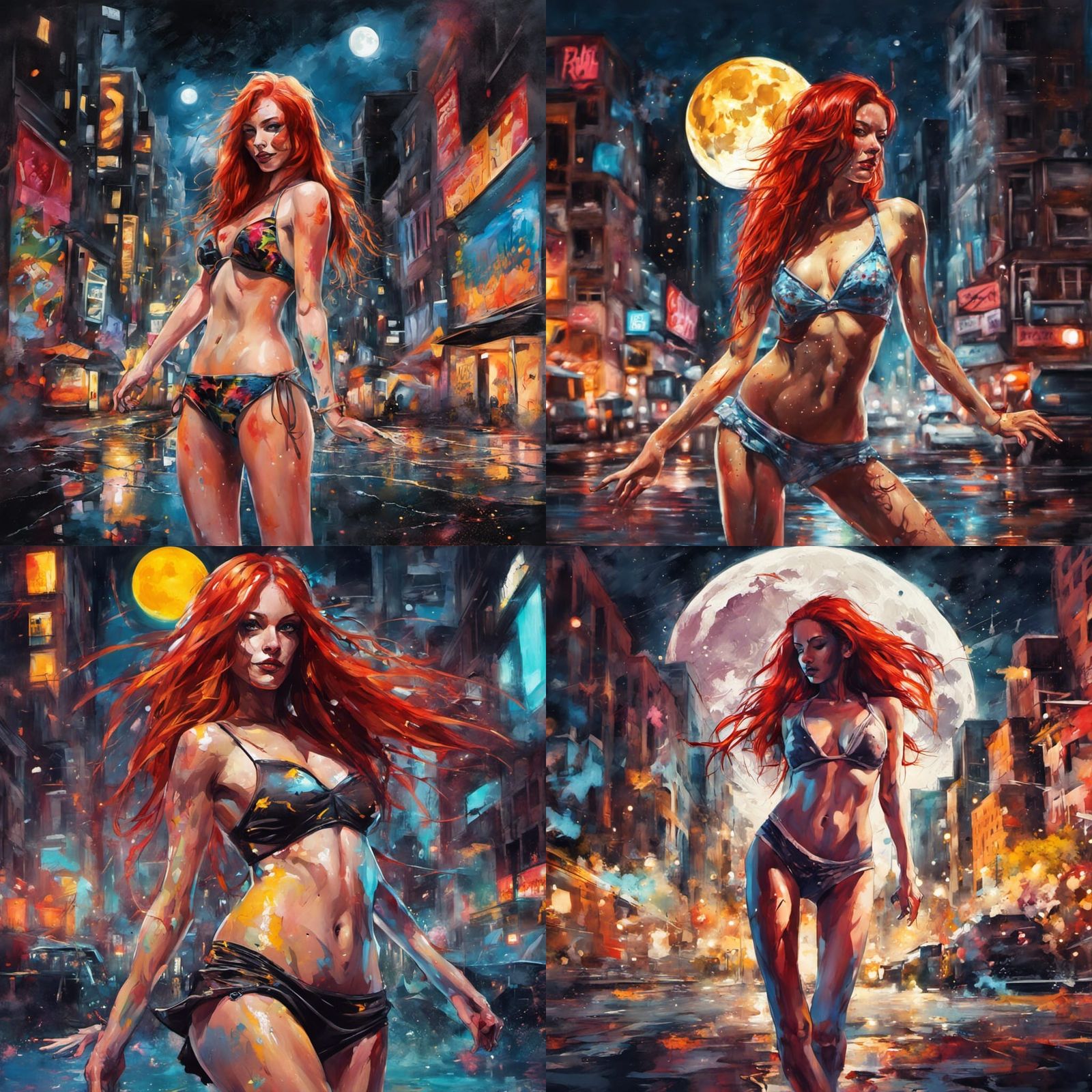 Vibrant Redhead Dancer in Neon City Night