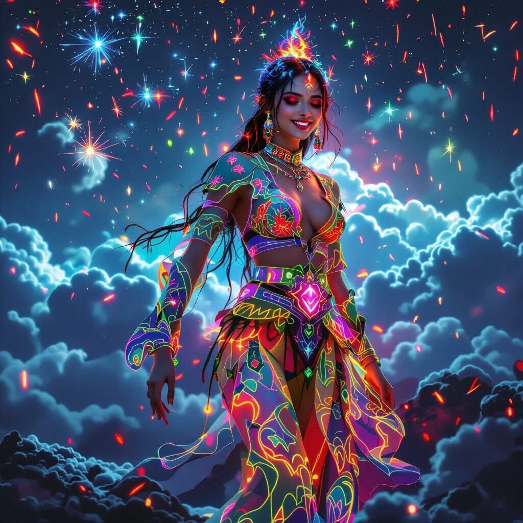 Woman Dancing in Neon Garments with Falling Sparks