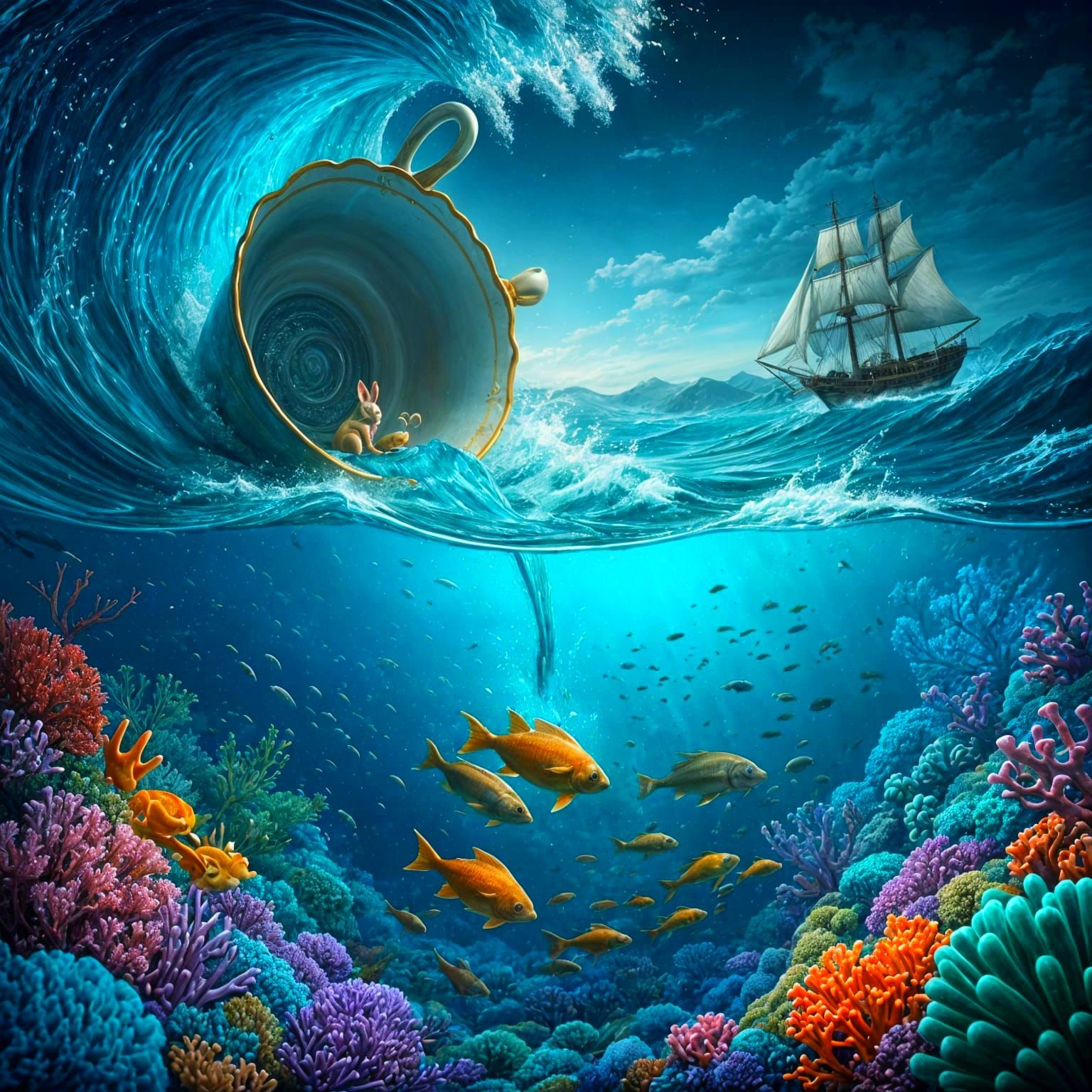 Teacup Ocean with Leaping Fish, Detailed Matte Painting