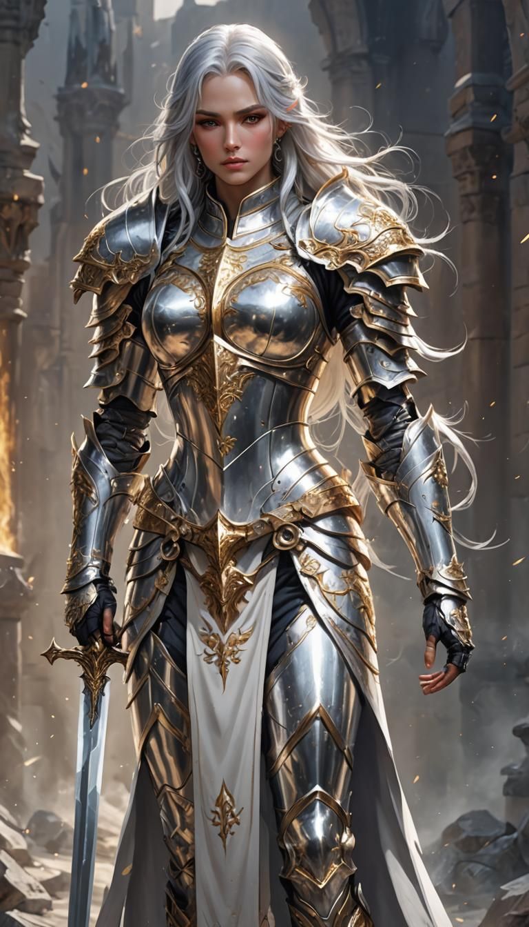 Paladin Girl in Silver Armor Hero Pose
