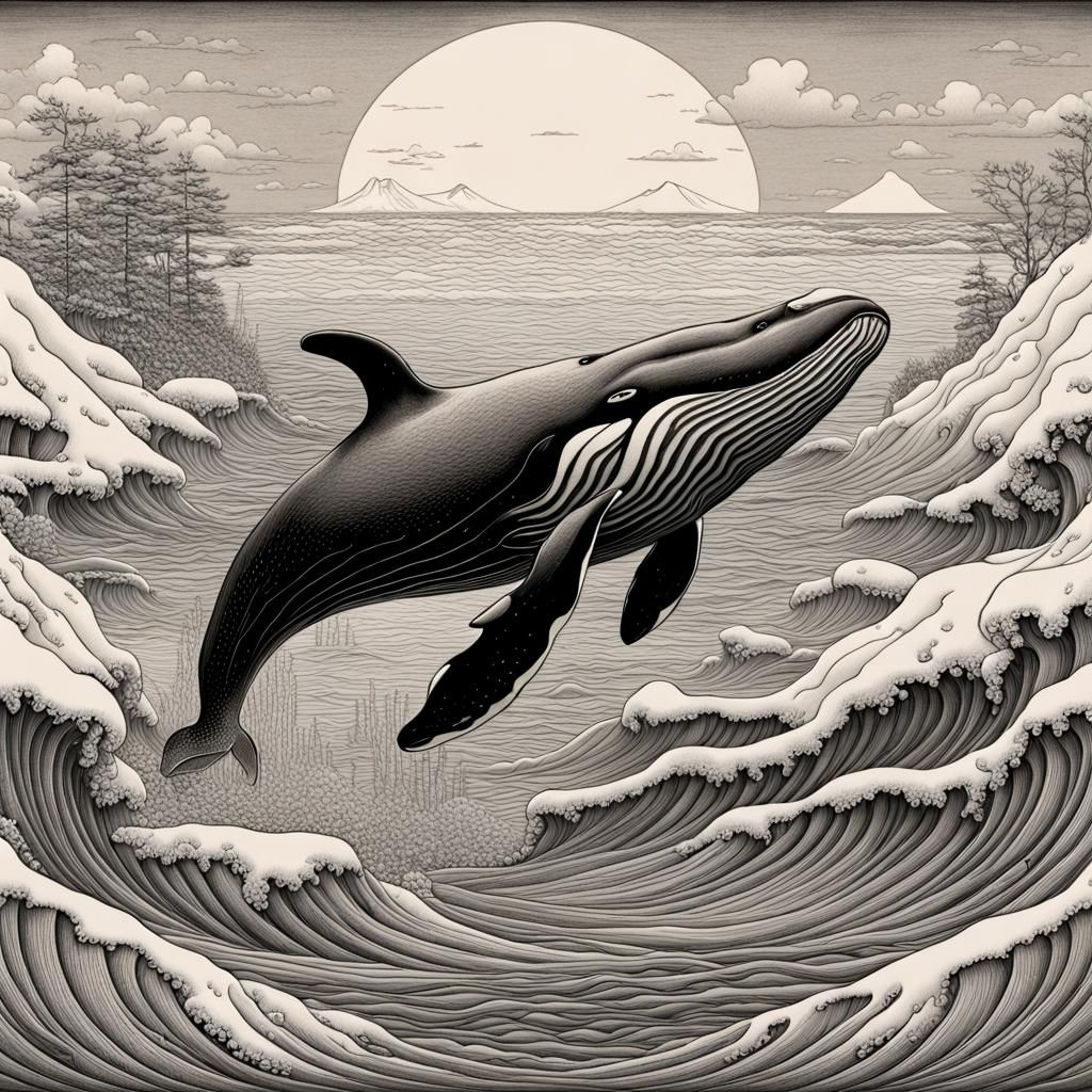 Monochrome Whale Engraving in Esher Japanese Style