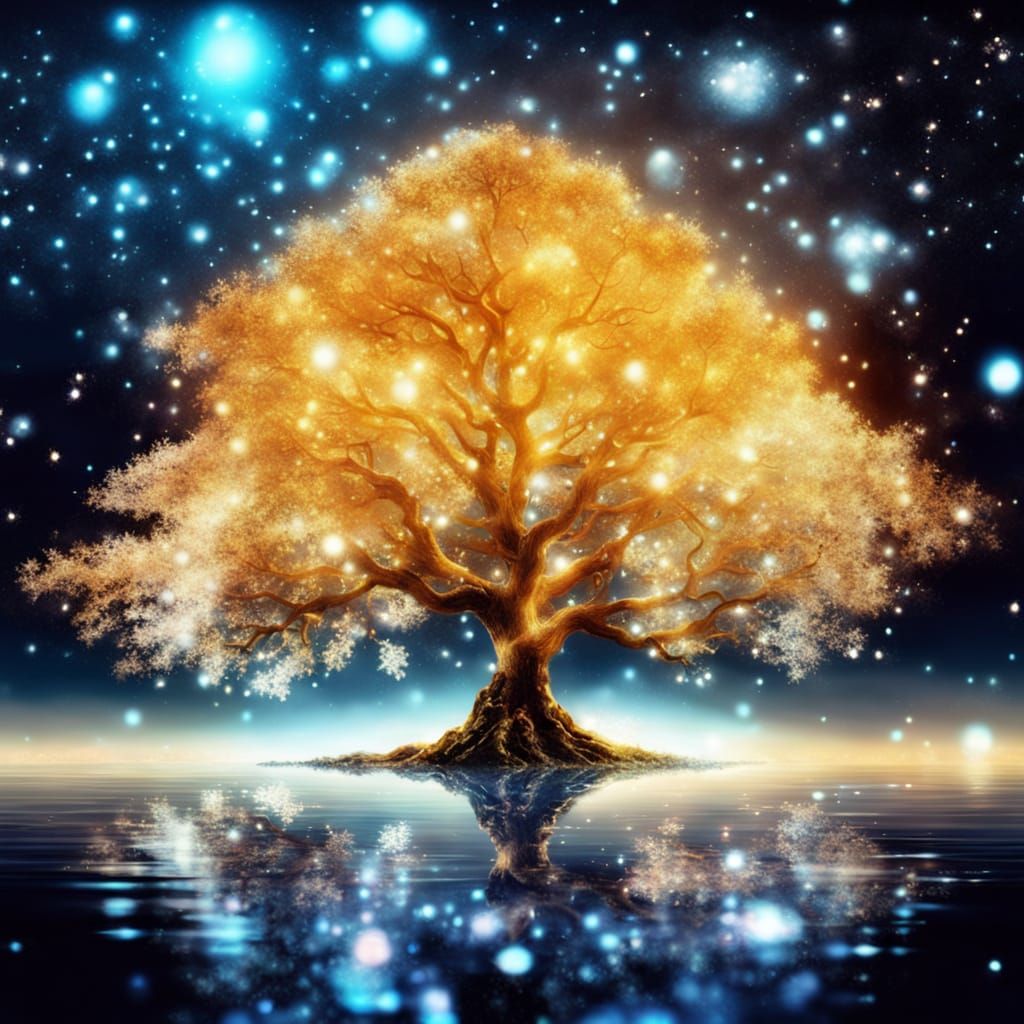 Surreal Fantasy Tree Radiates Golden Light Amidst Celestial ...