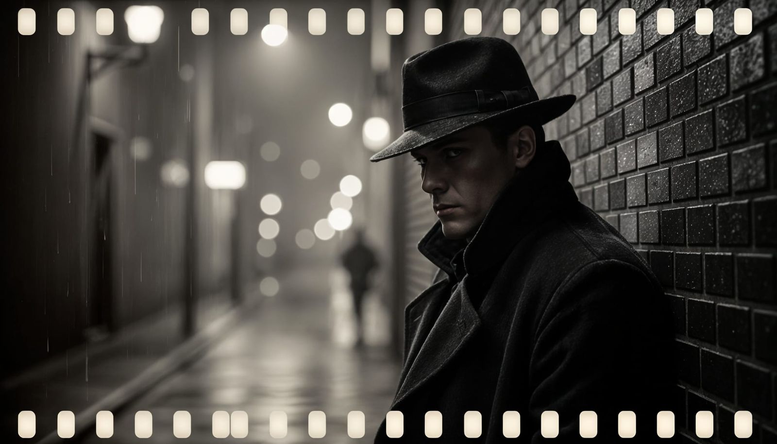 Moody Detective in Rainy City Alley: Vintage Film
