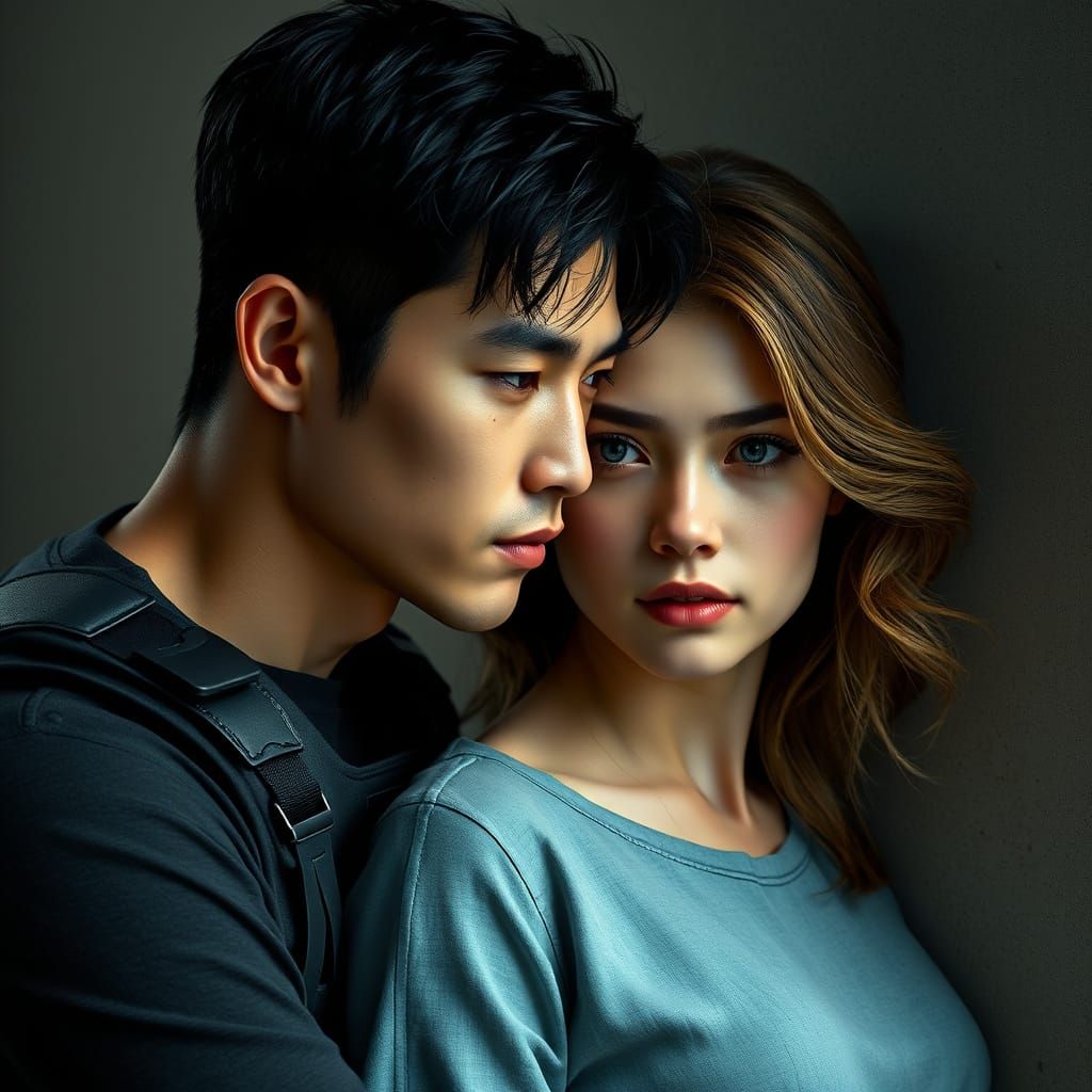 Dramatic Sci-Fi Portrait of a Lean Korean Man and a Young Am...
