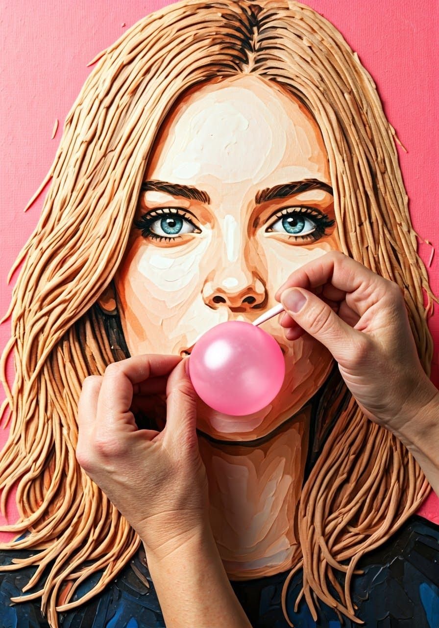 Artist's Hands Shape Realistic Portrait from Bubble Gum