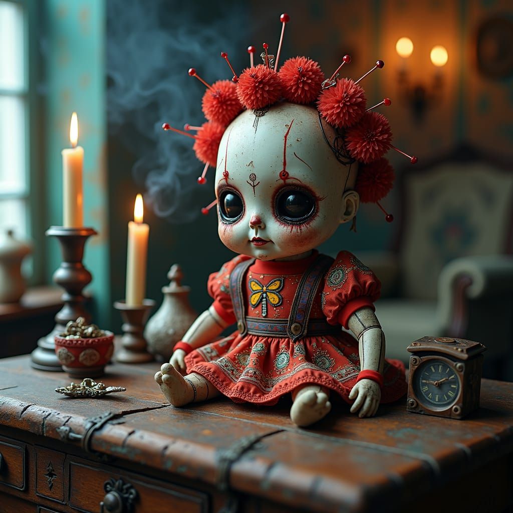 Ornate Voodoo Doll with Pins in Surrealist Style